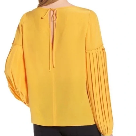 Lewit Silk Pleated Sleeve Blouse Yellow Keyhole Back Top M - Picture 2 of 10